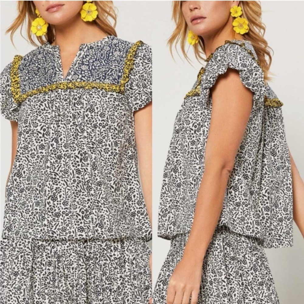 Anthropologie Black and White Floral Ruffle-Sleeve Blouse with Yellow Trim